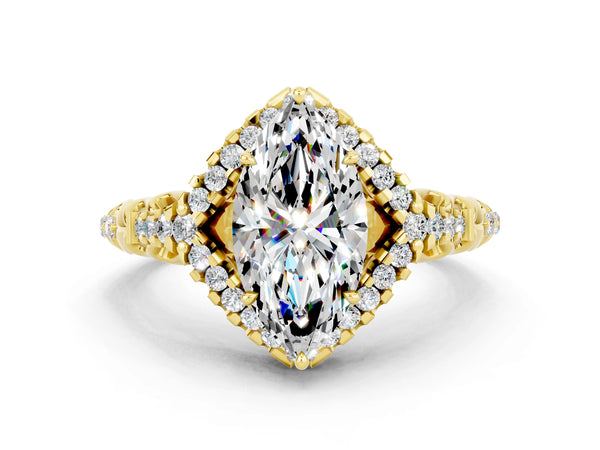 Yellow gold Marquise Cut Moissanite Solitaire Ring with Hidden Halo and Pavé Band