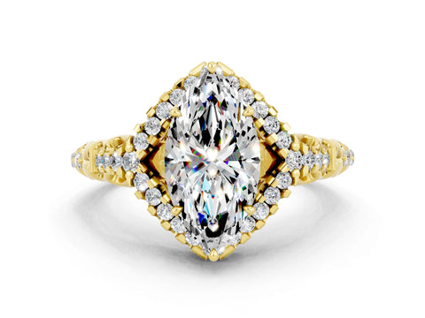Yellow gold Marquise Cut Moissanite Solitaire Ring with Hidden Halo and Pavé Band_12