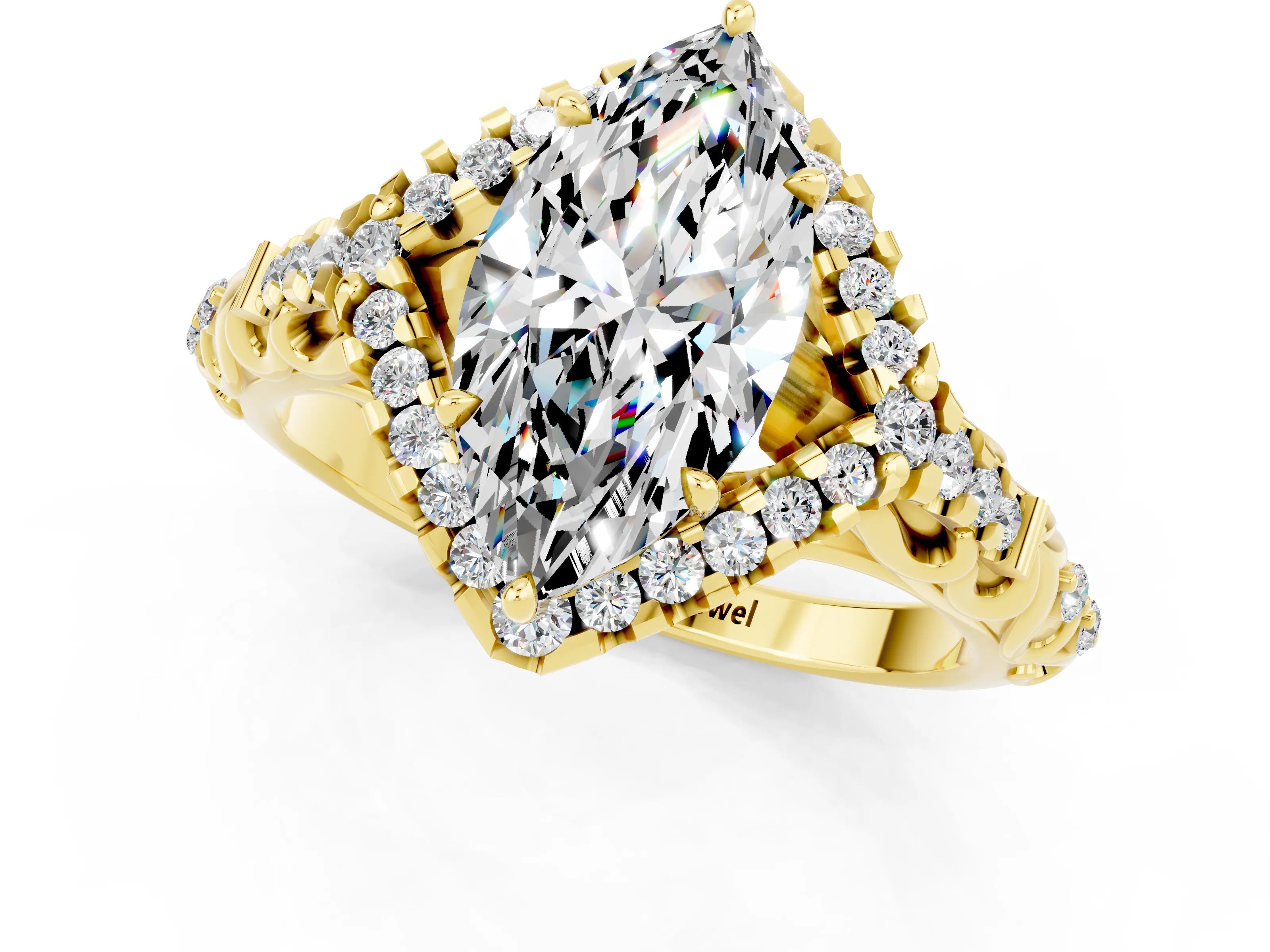 Yellow gold Marquise Cut Moissanite Solitaire Ring with Hidden Halo and Pavé Band_13