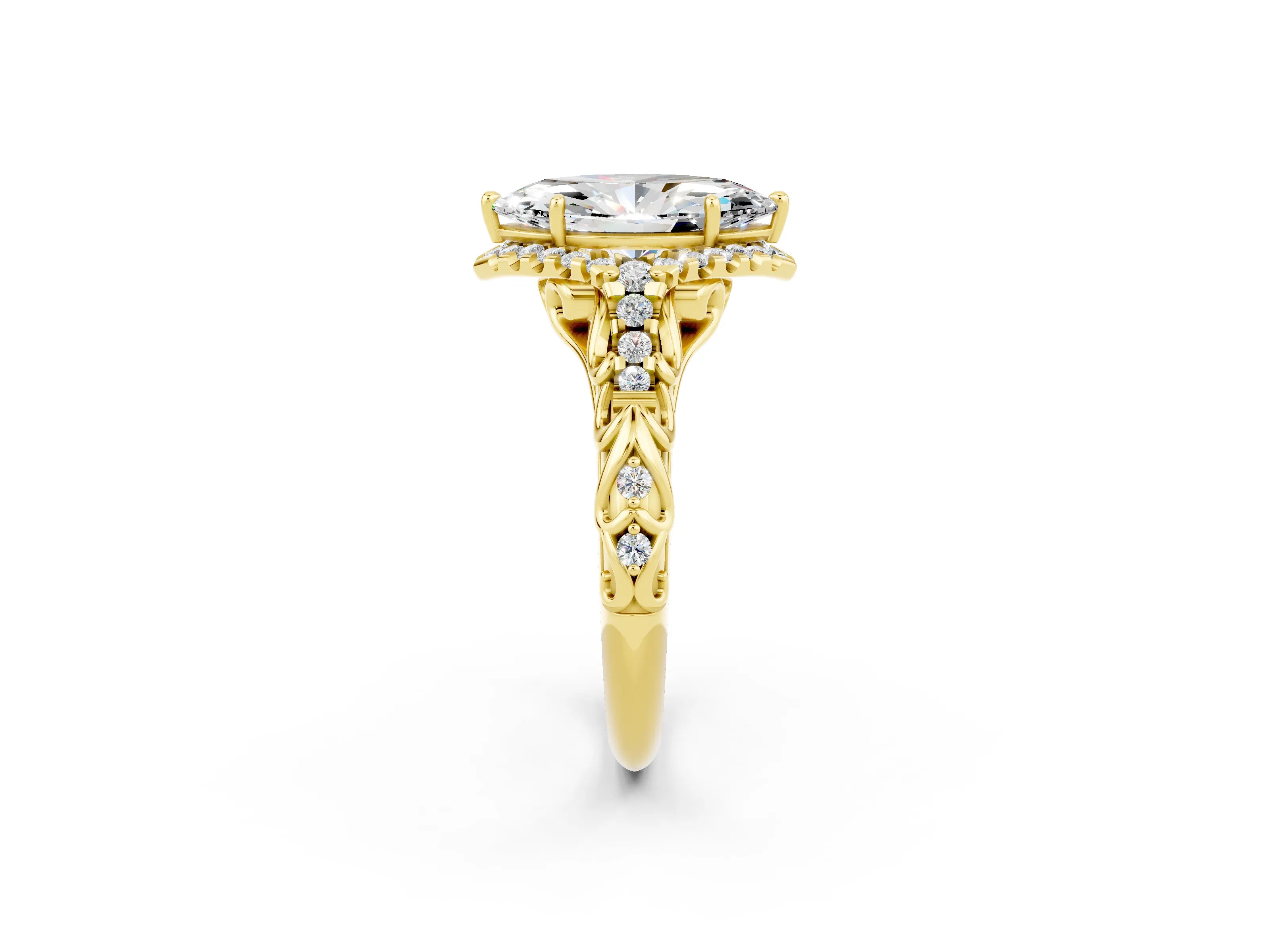 Yellow gold Marquise Cut Moissanite Solitaire Ring with Hidden Halo and Pavé Band_14