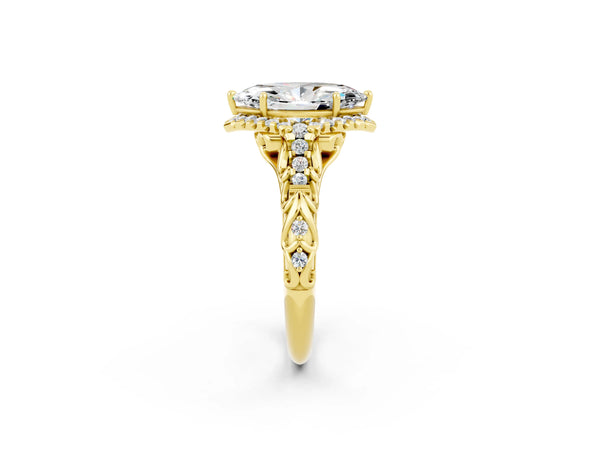 Yellow gold Marquise Cut Moissanite Solitaire Ring with Hidden Halo and Pavé Band