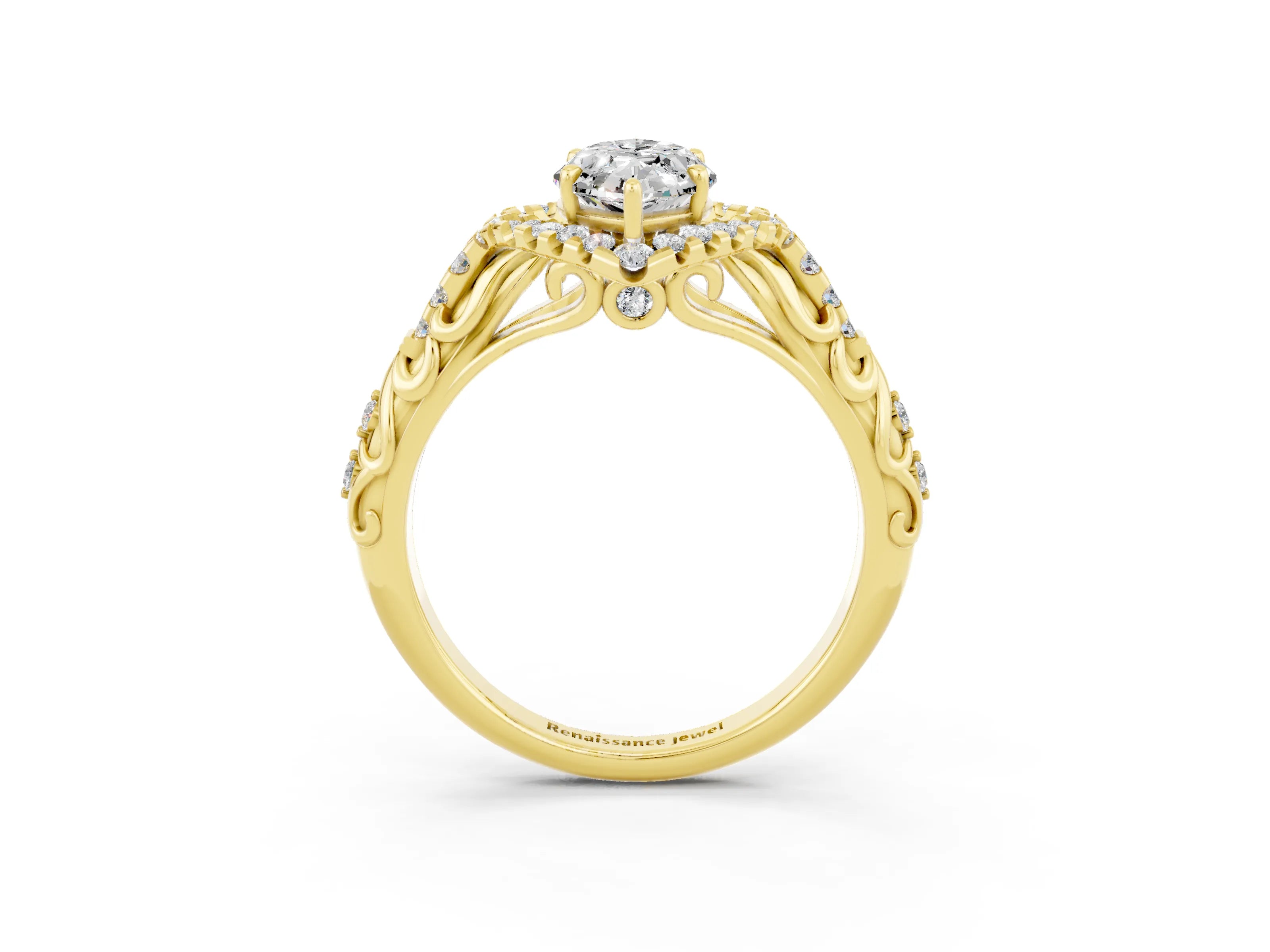 Yellow gold Marquise Cut Moissanite Solitaire Ring with Hidden Halo and Pavé Band_15