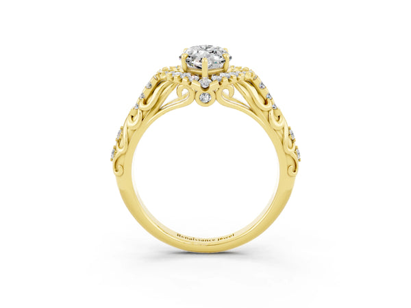 Yellow gold Marquise Cut Moissanite Solitaire Ring with Hidden Halo and Pavé Band