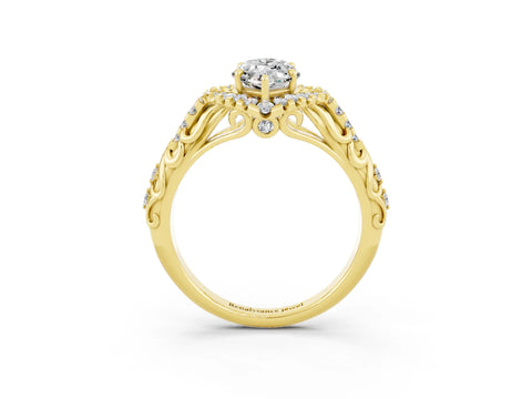 Yellow gold Marquise Cut Moissanite Solitaire Ring with Hidden Halo and Pavé Band_15