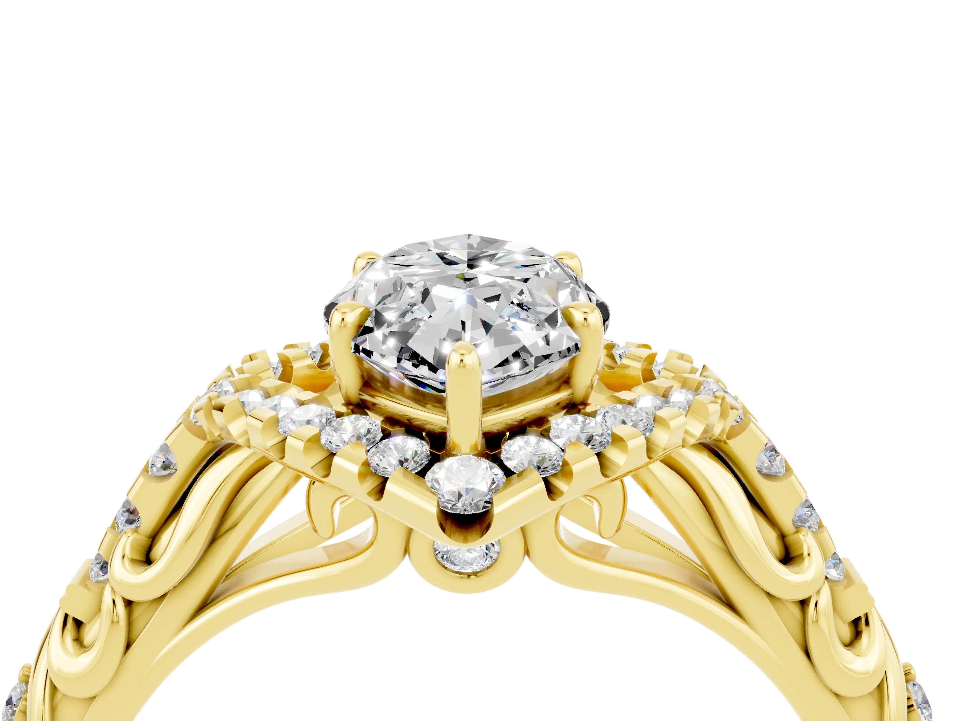 Yellow gold Marquise Cut Moissanite Solitaire Ring with Hidden Halo and Pavé Band_16