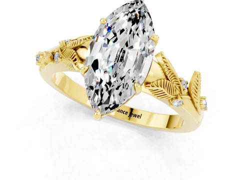 Yellow gold Marquise Cut Moissanite Solitaire Ring with Leaf Motif Band and Four-Prong Setting_1