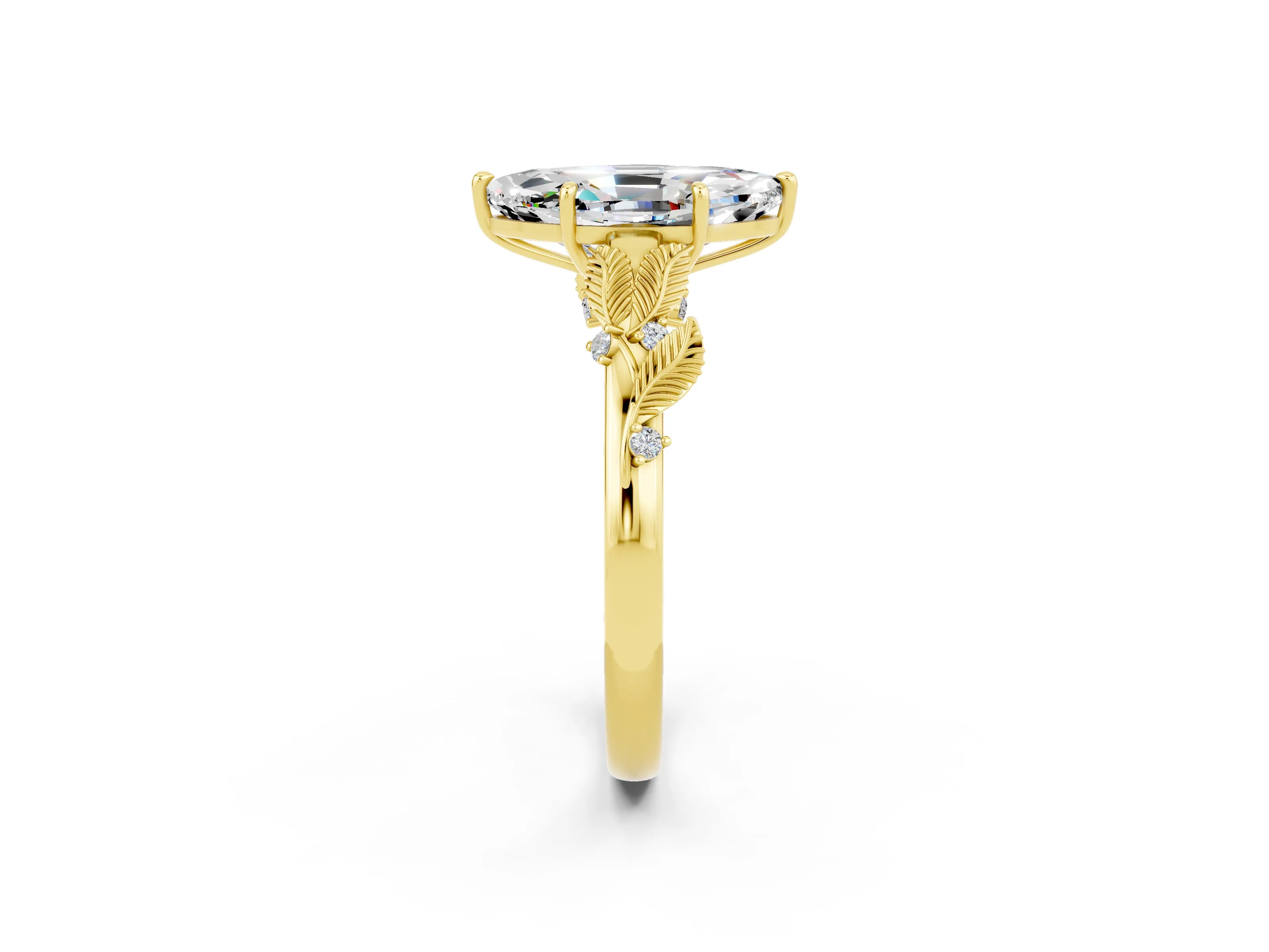 Yellow gold Marquise Cut Moissanite Solitaire Ring with Leaf Motif Band and Four-Prong Setting_2