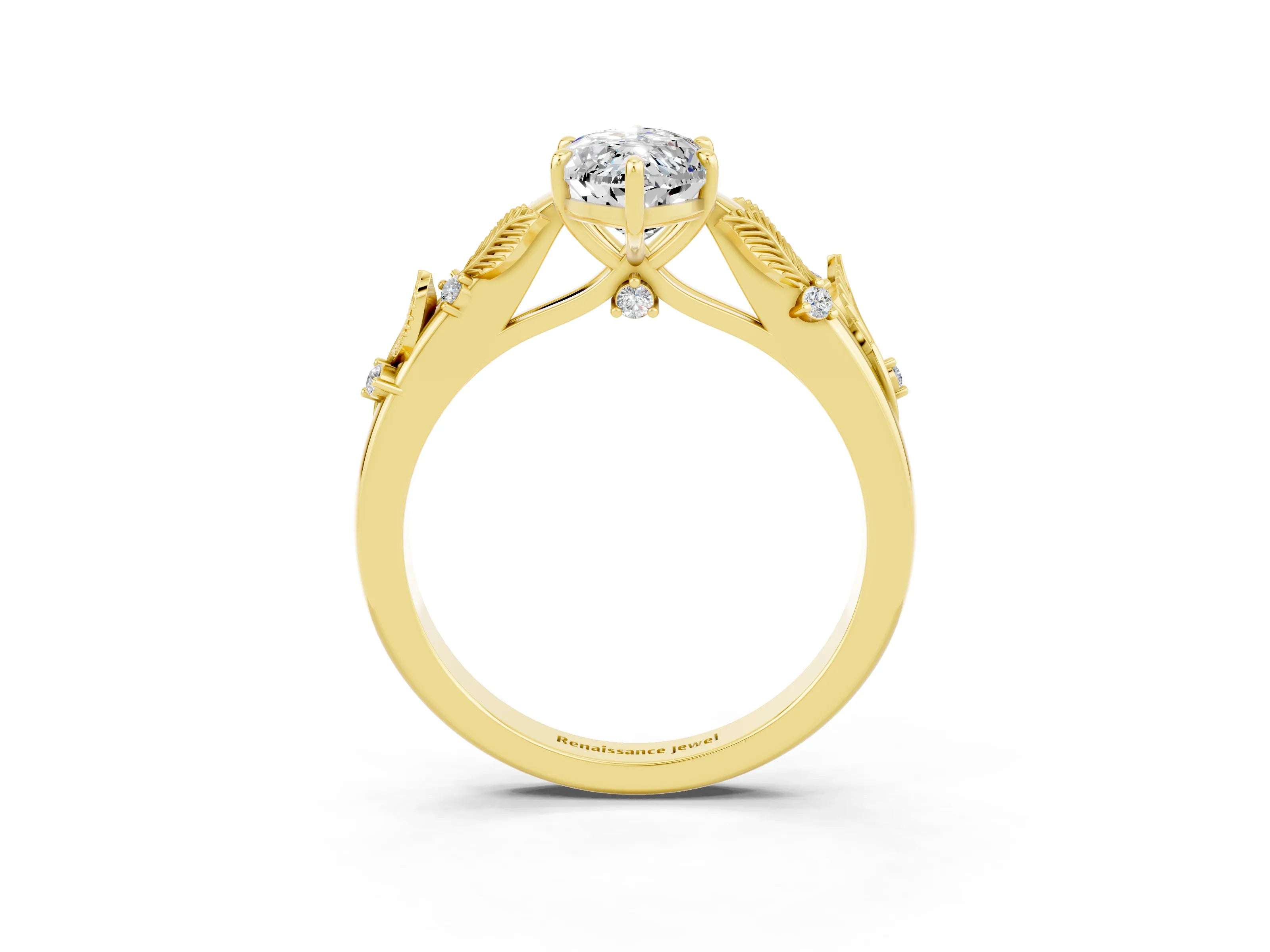 Yellow gold Marquise Cut Moissanite Solitaire Ring with Leaf Motif Band and Four-Prong Setting_3