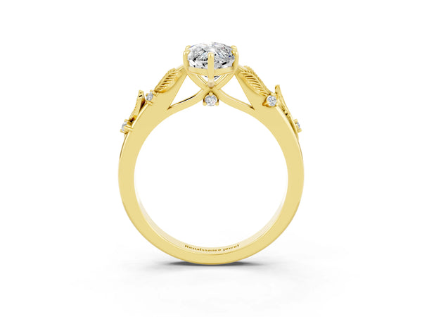 Yellow gold Marquise Cut Moissanite Solitaire Ring with Leaf Motif Band and Four-Prong Setting
