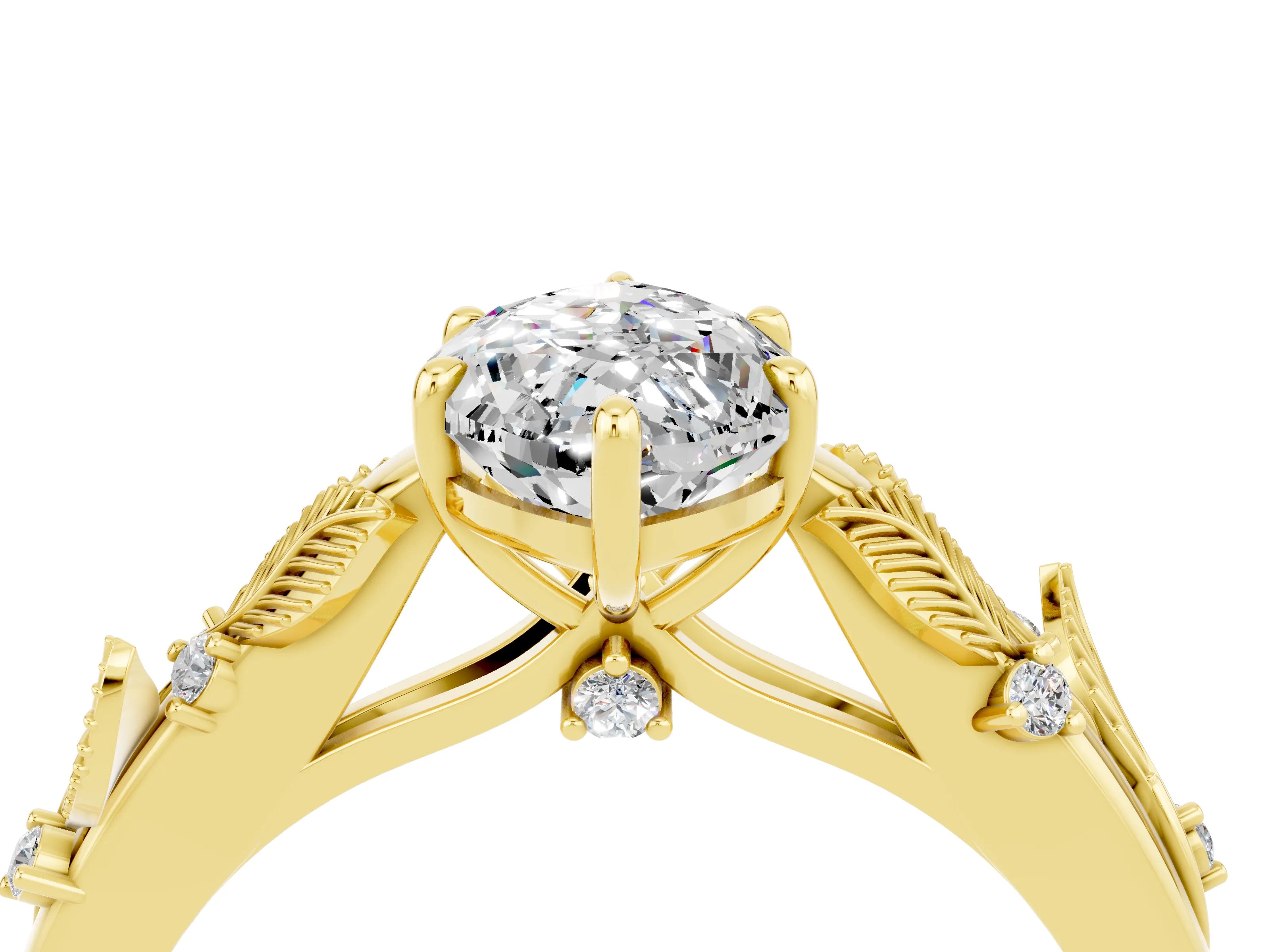 Yellow gold Marquise Cut Moissanite Solitaire Ring with Leaf Motif Band and Four-Prong Setting_4