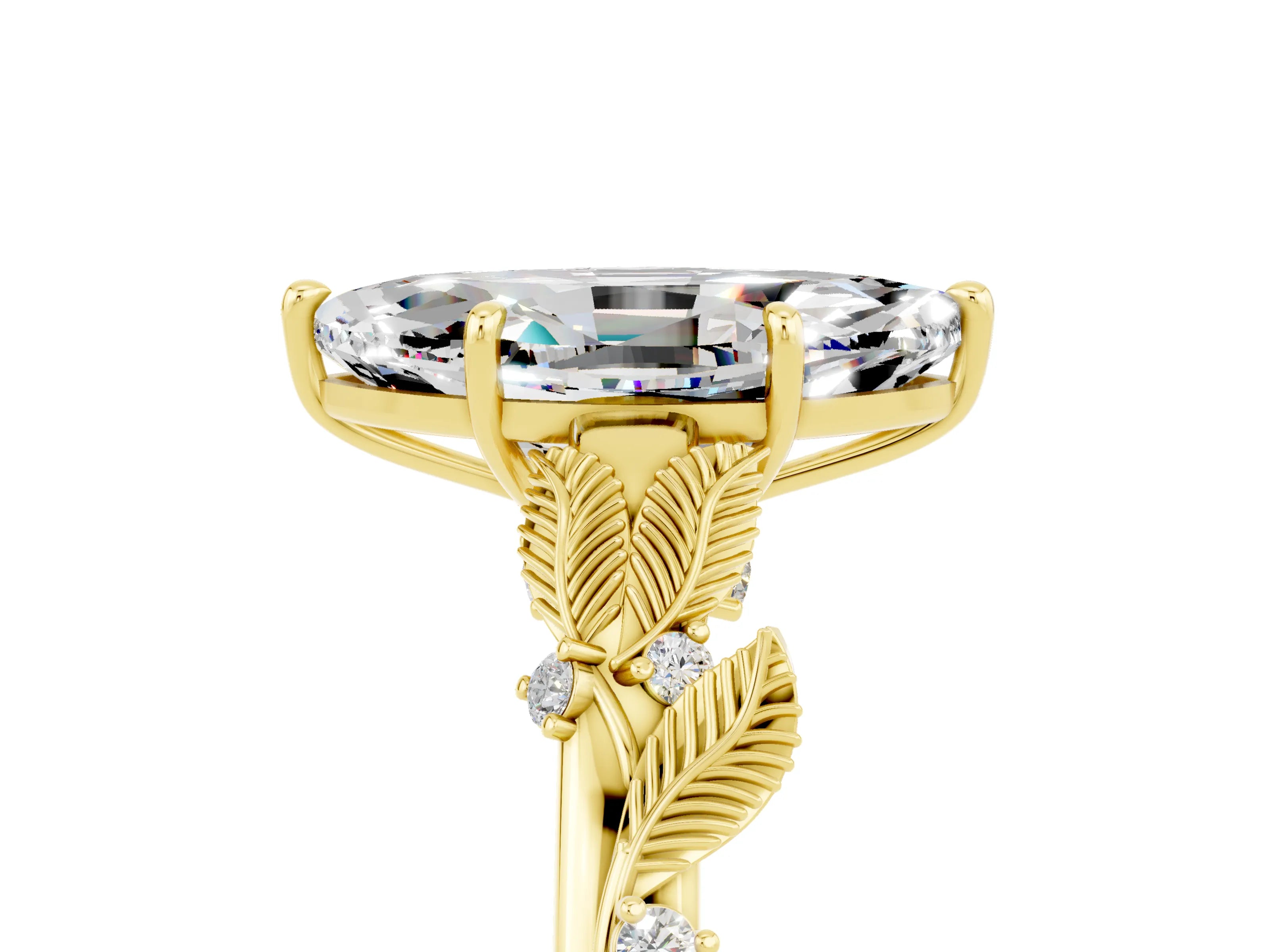 Yellow gold Marquise Cut Moissanite Solitaire Ring with Leaf Motif Band and Four-Prong Setting_5