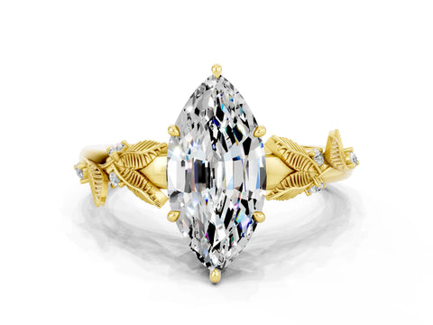 Yellow gold Marquise Cut Moissanite Solitaire Ring with Leaf Motif Band and Four-Prong Setting