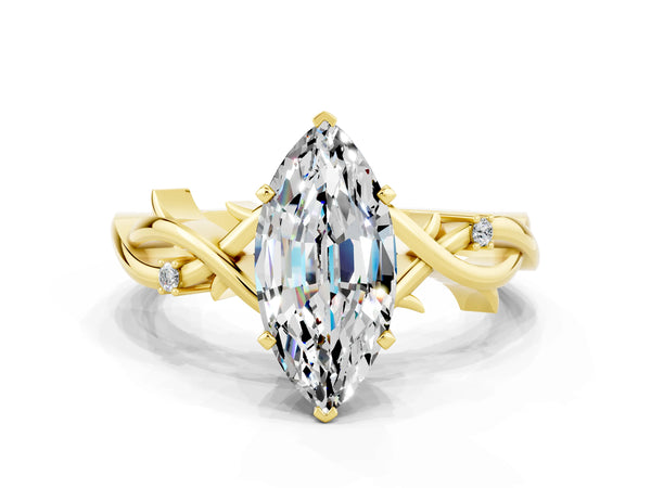 Yellow gold Marquise Cut Moissanite Solitaire Ring with Milgrain Pavé Band and Four-Prong Setting