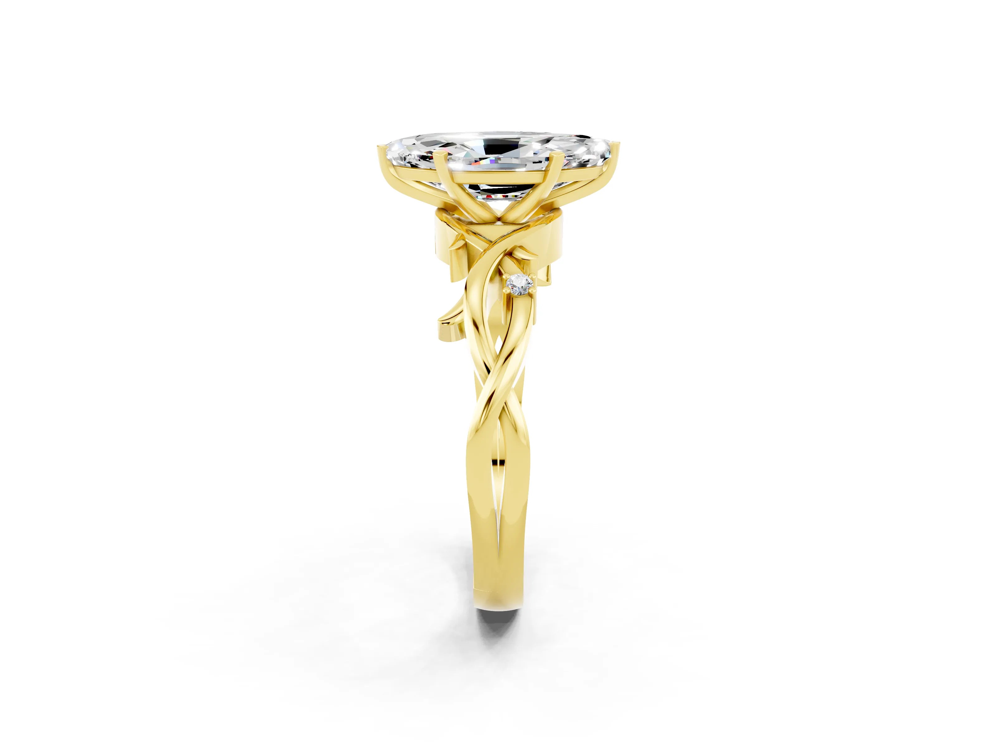 Yellow gold Marquise Cut Moissanite Solitaire Ring with Milgrain Pavé Band and Four-Prong Setting_14