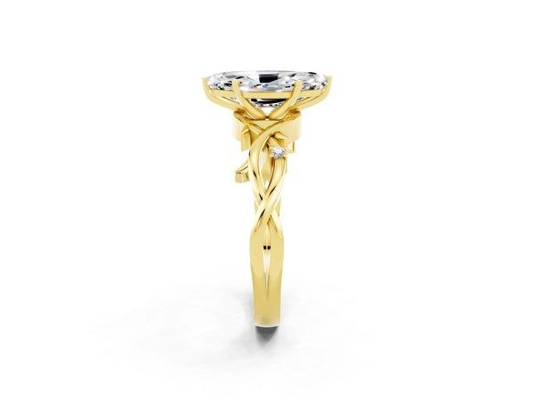 Yellow gold Marquise Cut Moissanite Solitaire Ring with Milgrain Pavé Band and Four-Prong Setting
