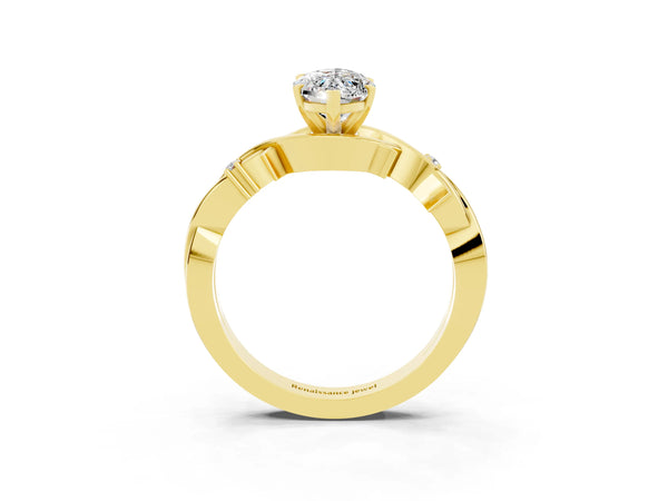 Yellow gold Marquise Cut Moissanite Solitaire Ring with Milgrain Pavé Band and Four-Prong Setting