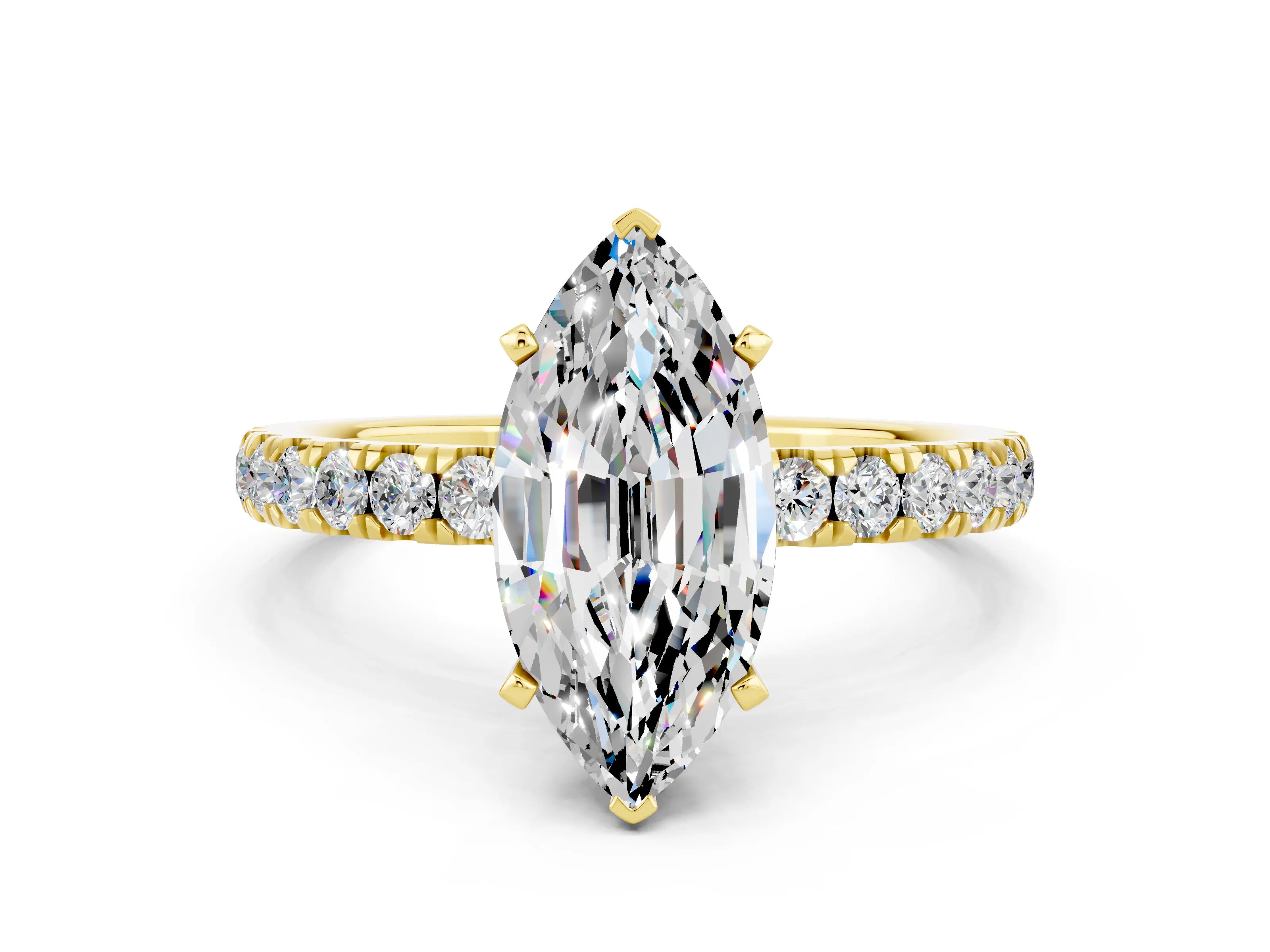 Yellow gold Marquise Cut Moissanite Solitaire Ring with Pavé Accents and Four-Prong Setting
