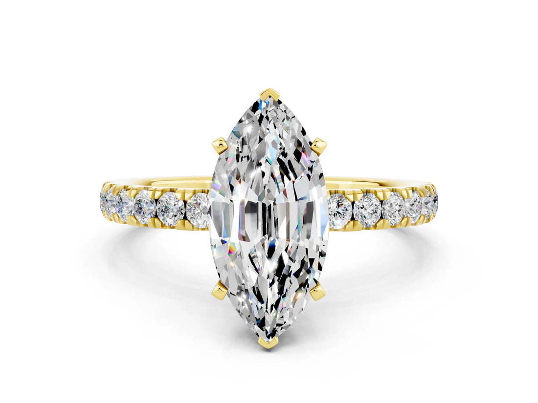 Yellow gold Marquise Cut Moissanite Solitaire Ring with Pavé Accents and Four-Prong Setting