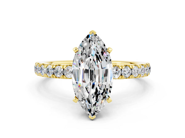 Yellow gold Marquise Cut Moissanite Solitaire Ring with Pavé Accents and Four-Prong Setting