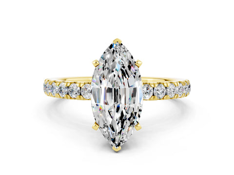 Yellow gold Marquise Cut Moissanite Solitaire Ring with Pavé Accents and Four-Prong Setting