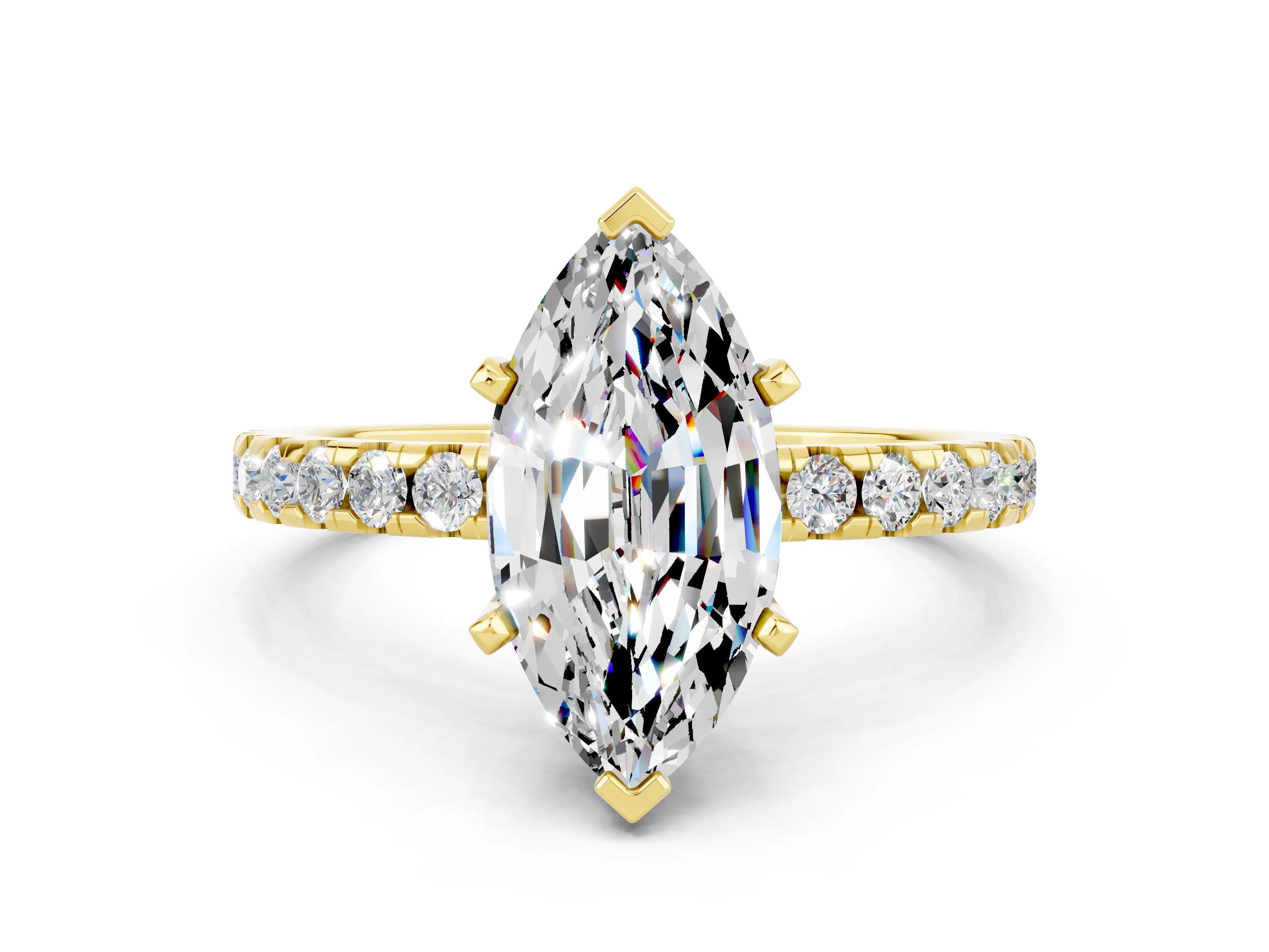 Yellow gold Marquise Cut Moissanite Solitaire Ring with Pavé Band and Four-Prong Setting_24
