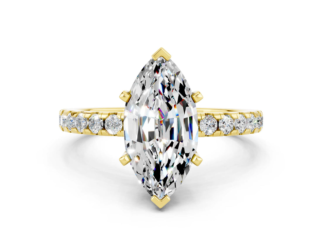 Yellow gold Marquise Cut Moissanite Solitaire Ring with Pavé Band and Four-Prong Setting_24
