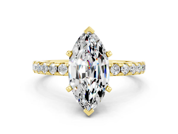 Yellow gold Marquise Cut Moissanite Solitaire Ring with Round  Pavé Band and Four-Prong Setting