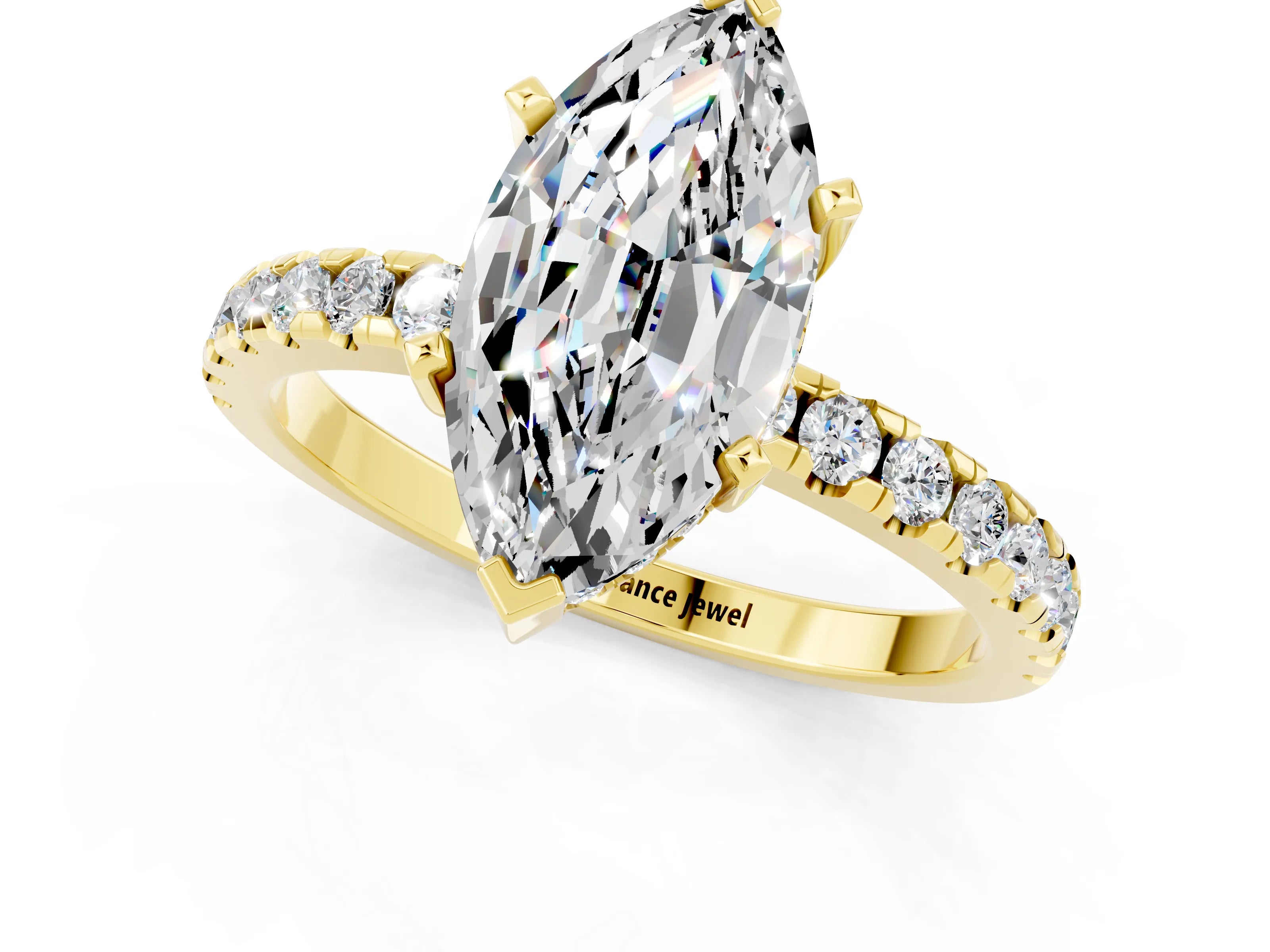 Yellow gold Marquise Cut Moissanite Solitaire Ring with Pavé Band and Four-Prong Setting_25