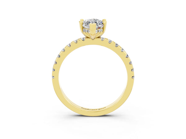 Yellow gold Marquise Cut Moissanite Solitaire Ring with Round  Pavé Band and Four-Prong Setting