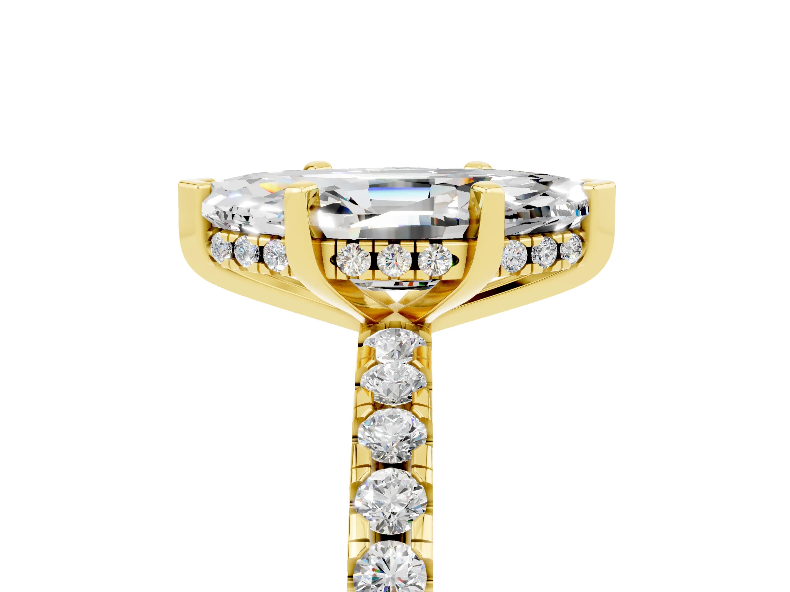 Yellow gold Marquise Cut Moissanite Solitaire Ring with Pavé Band and Four-Prong Setting_29