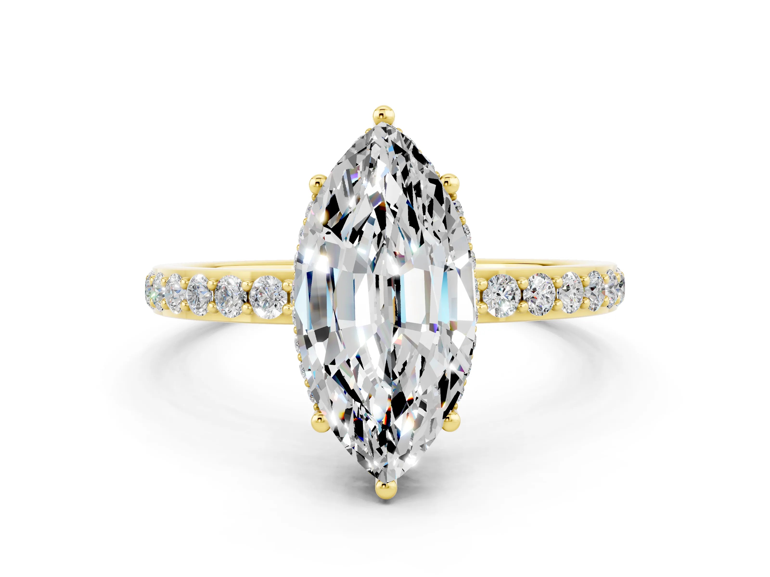 Yellow gold Marquise Cut Moissanite Solitaire Ring with Pavé Band and Hidden Halo_12