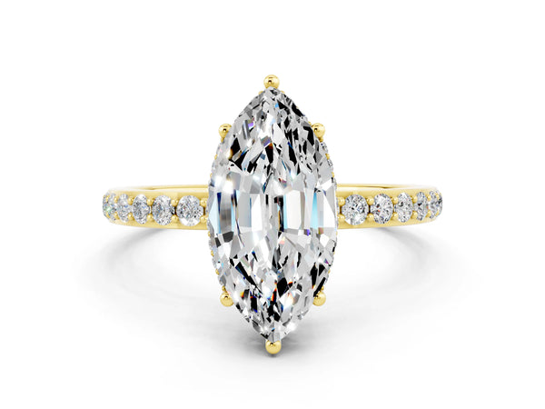 Yellow gold Marquise Cut Moissanite Solitaire Ring with Pavé Band and Hidden Halo