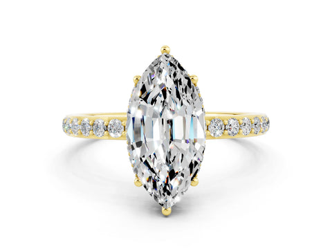 Yellow gold Marquise Cut Moissanite Solitaire Ring with Pavé Band and Hidden Halo_12