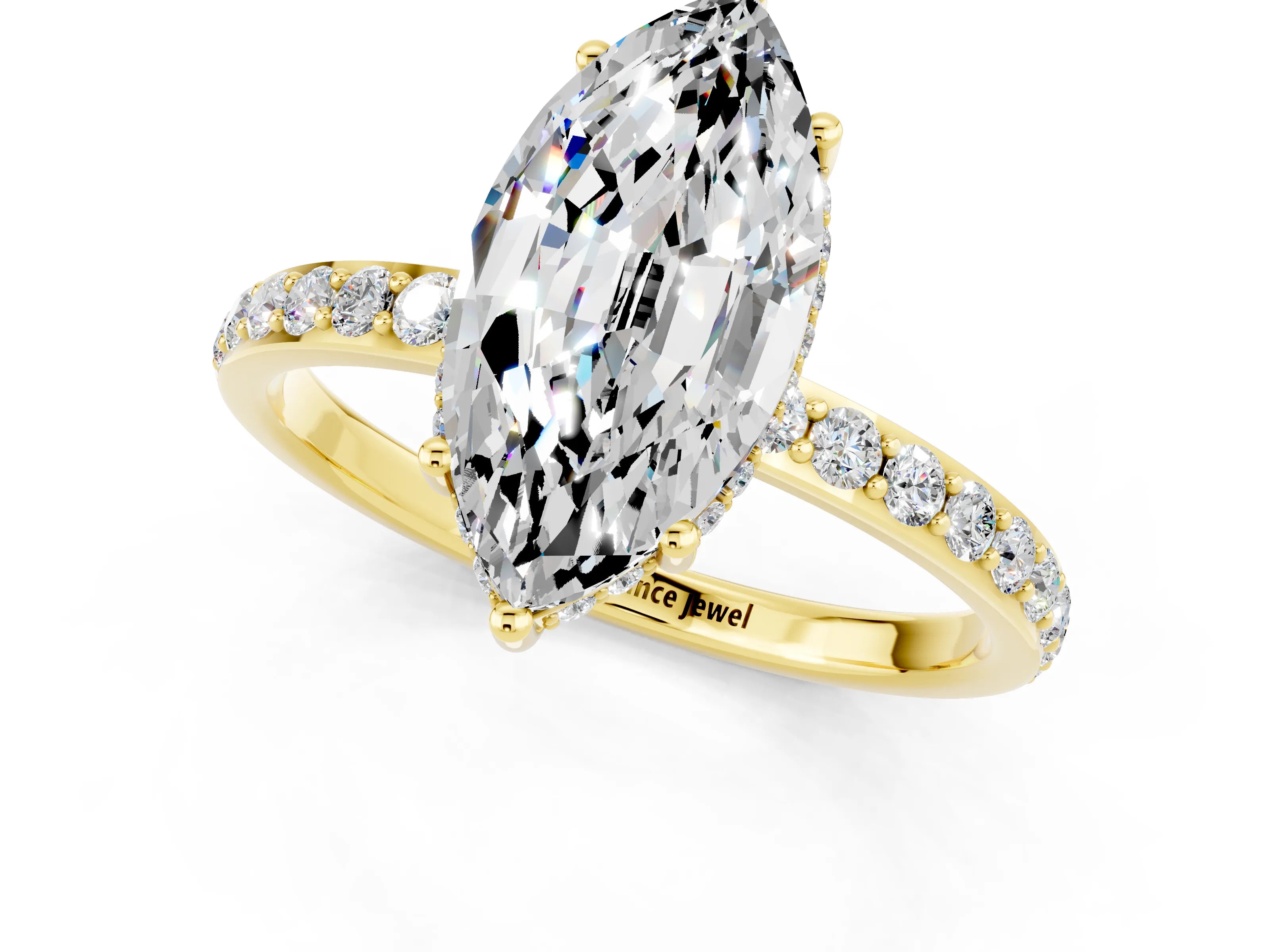 Yellow gold Marquise Cut Moissanite Solitaire Ring with Pavé Band and Hidden Halo_13