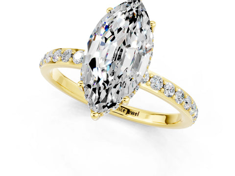 Yellow gold Marquise Cut Moissanite Solitaire Ring with Pavé Band and Hidden Halo_13