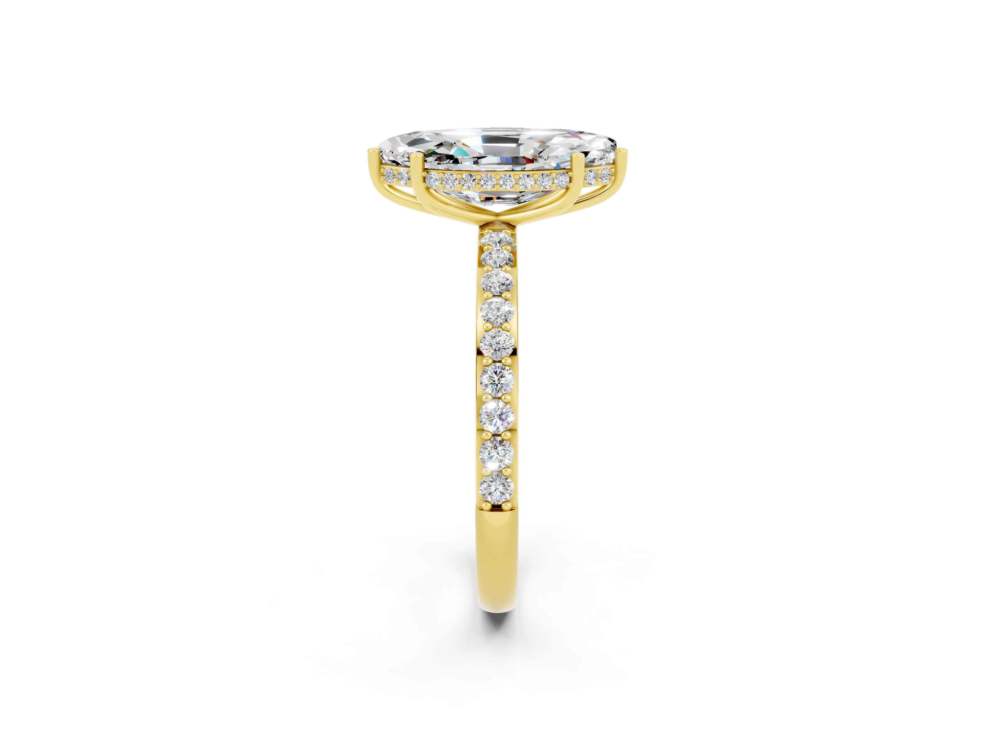 Yellow gold Marquise Cut Moissanite Solitaire Ring with Pavé Band and Hidden Halo_14