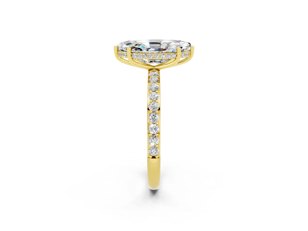 Yellow gold Marquise Cut Moissanite Solitaire Ring with Pavé Band and Hidden Halo
