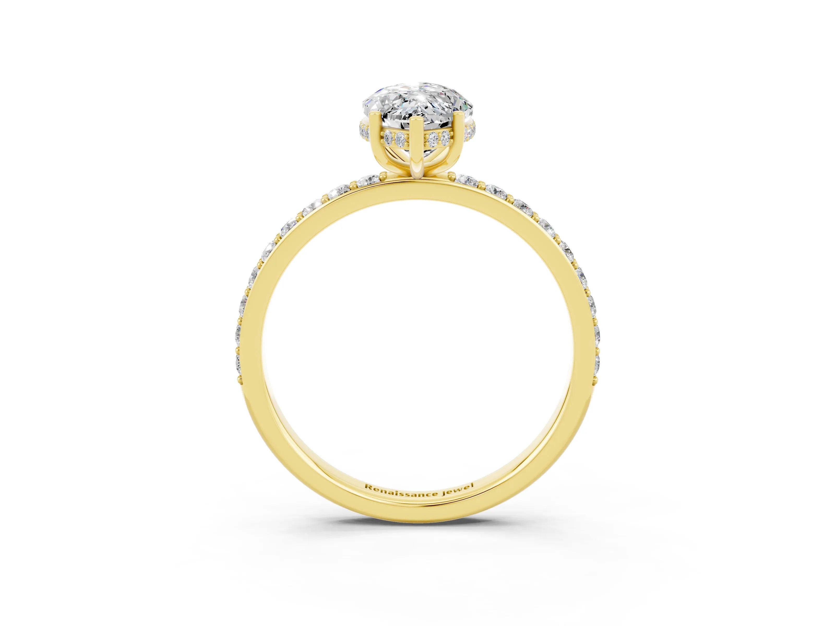 Yellow gold Marquise Cut Moissanite Solitaire Ring with Pavé Band and Hidden Halo_15