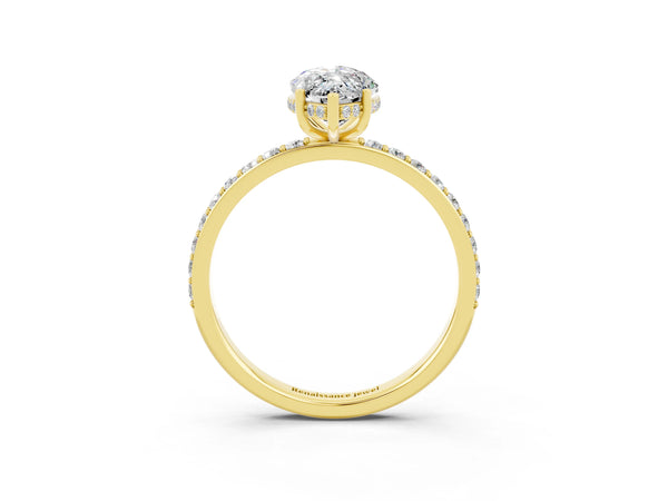 Yellow gold Marquise Cut Moissanite Solitaire Ring with Pavé Band and Hidden Halo