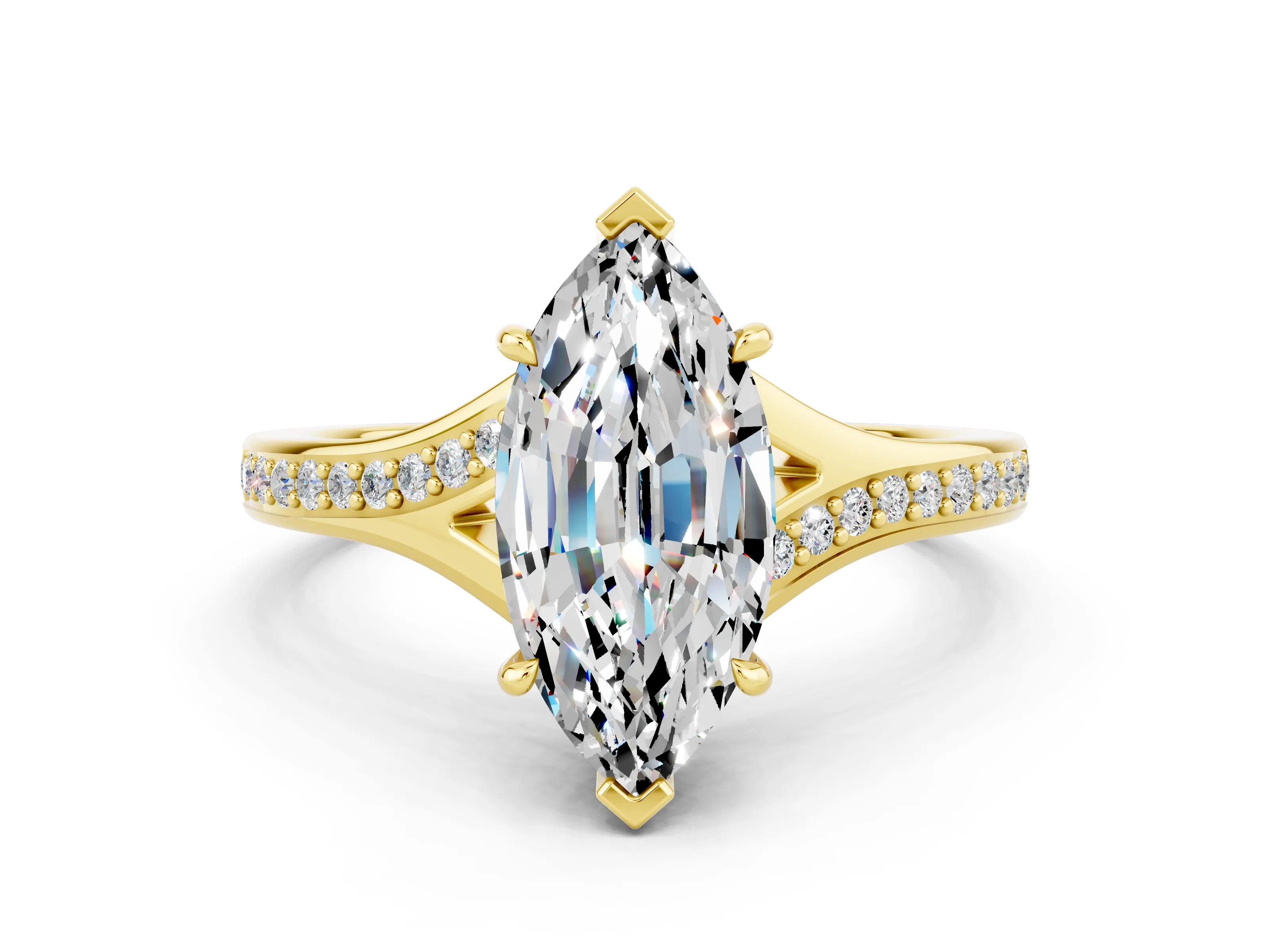 Yellow gold Marquise Cut Moissanite Solitaire Ring with Pavé Band and Prong Setting