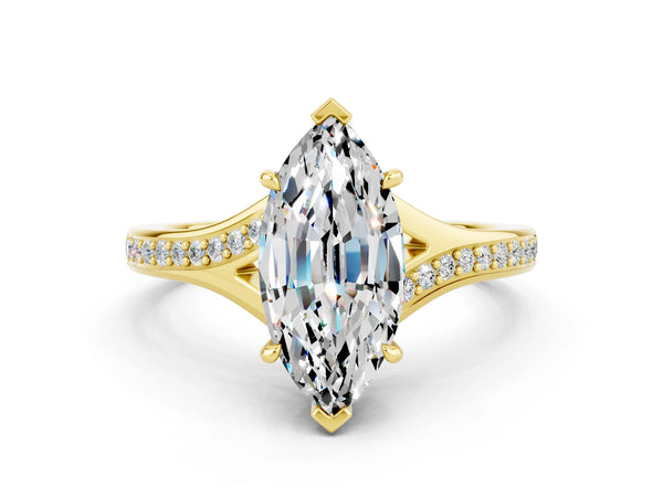 Yellow gold Marquise Cut Moissanite Solitaire Ring with Pavé Band and Prong Setting