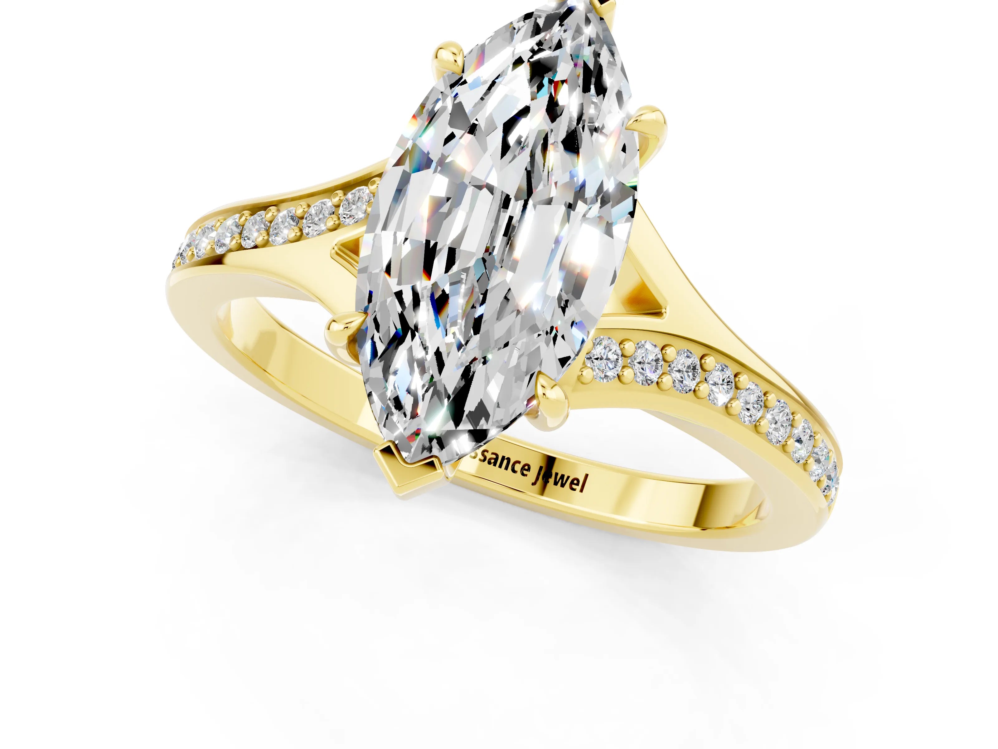 Yellow gold Marquise Cut Moissanite Solitaire Ring with Pavé Band and Prong Setting_1