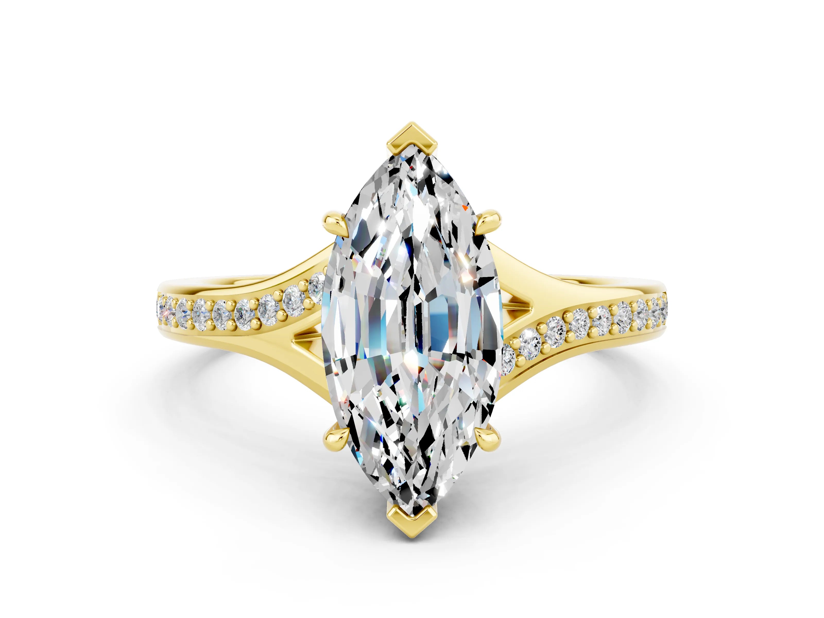 Yellow gold Marquise Cut Moissanite Solitaire Ring with Pavé Band and Prong Setting_12