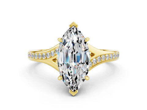 Yellow gold Marquise Cut Moissanite Solitaire Ring with Pavé Band and Prong Setting_12