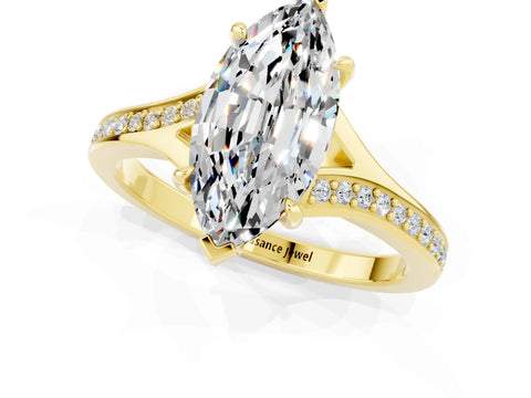 Yellow gold Marquise Cut Moissanite Solitaire Ring with Pavé Band and Prong Setting_13