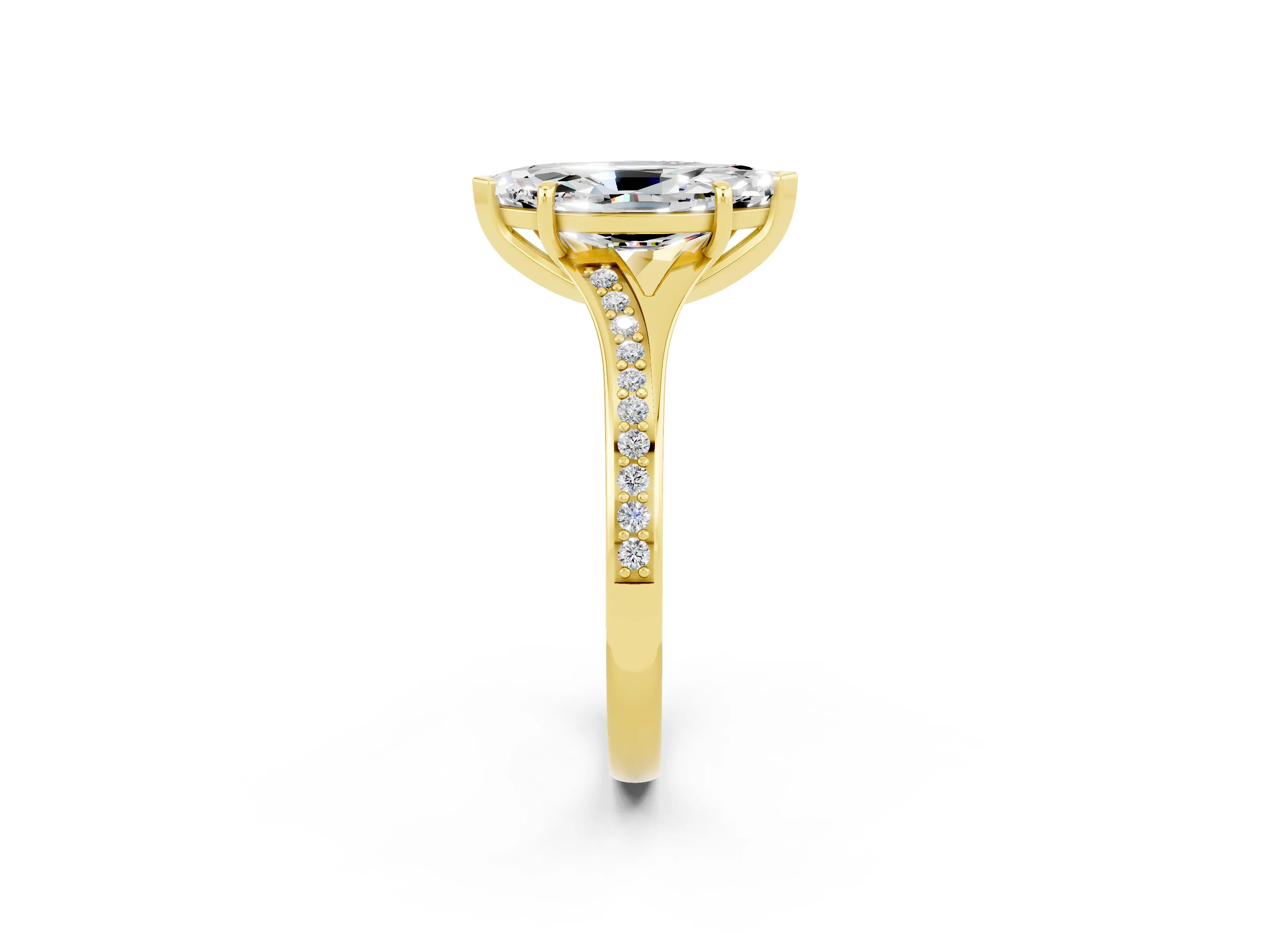 Yellow gold Marquise Cut Moissanite Solitaire Ring with Pavé Band and Prong Setting_14