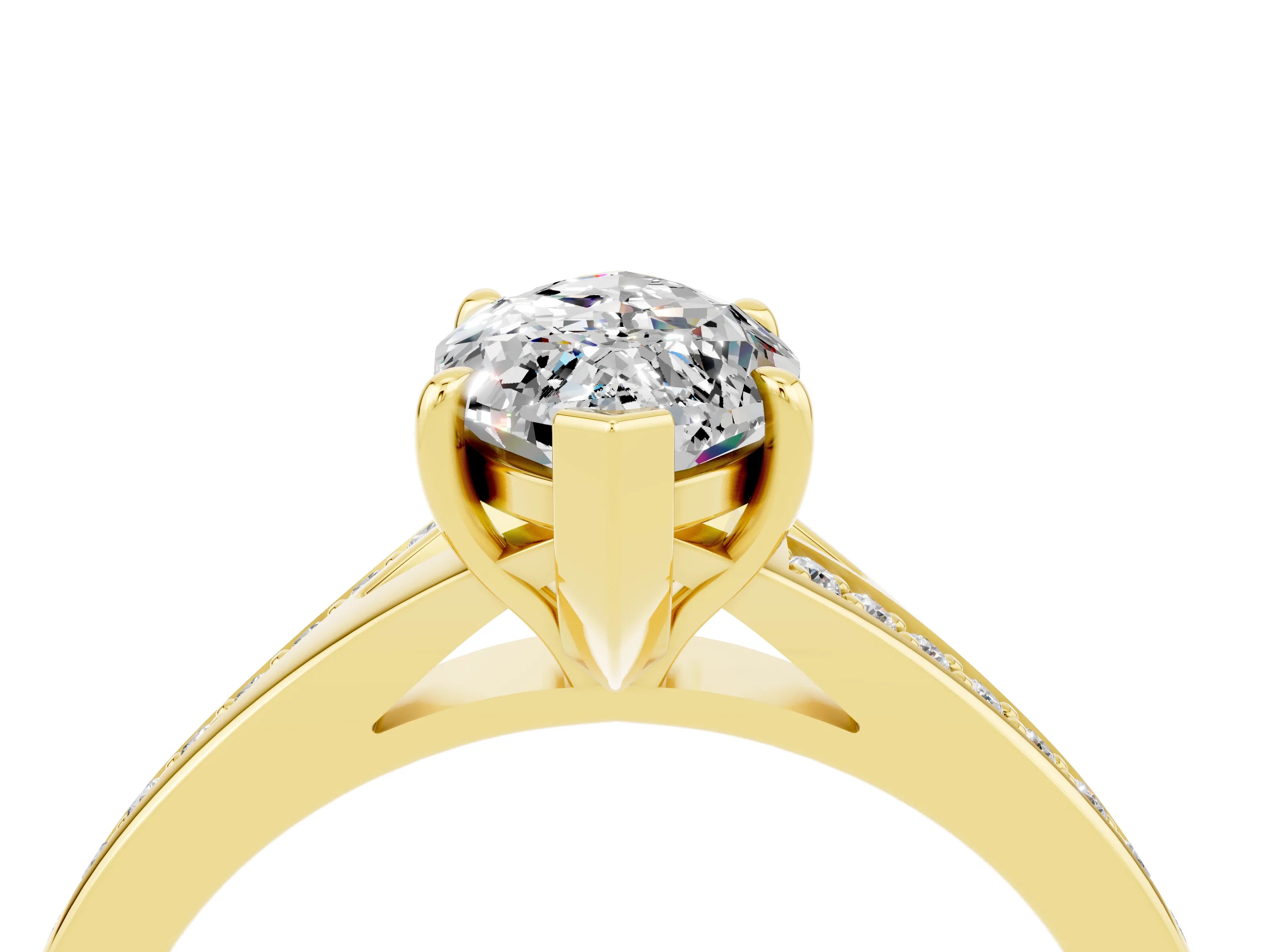 Yellow gold Marquise Cut Moissanite Solitaire Ring with Pavé Band and Prong Setting_16
