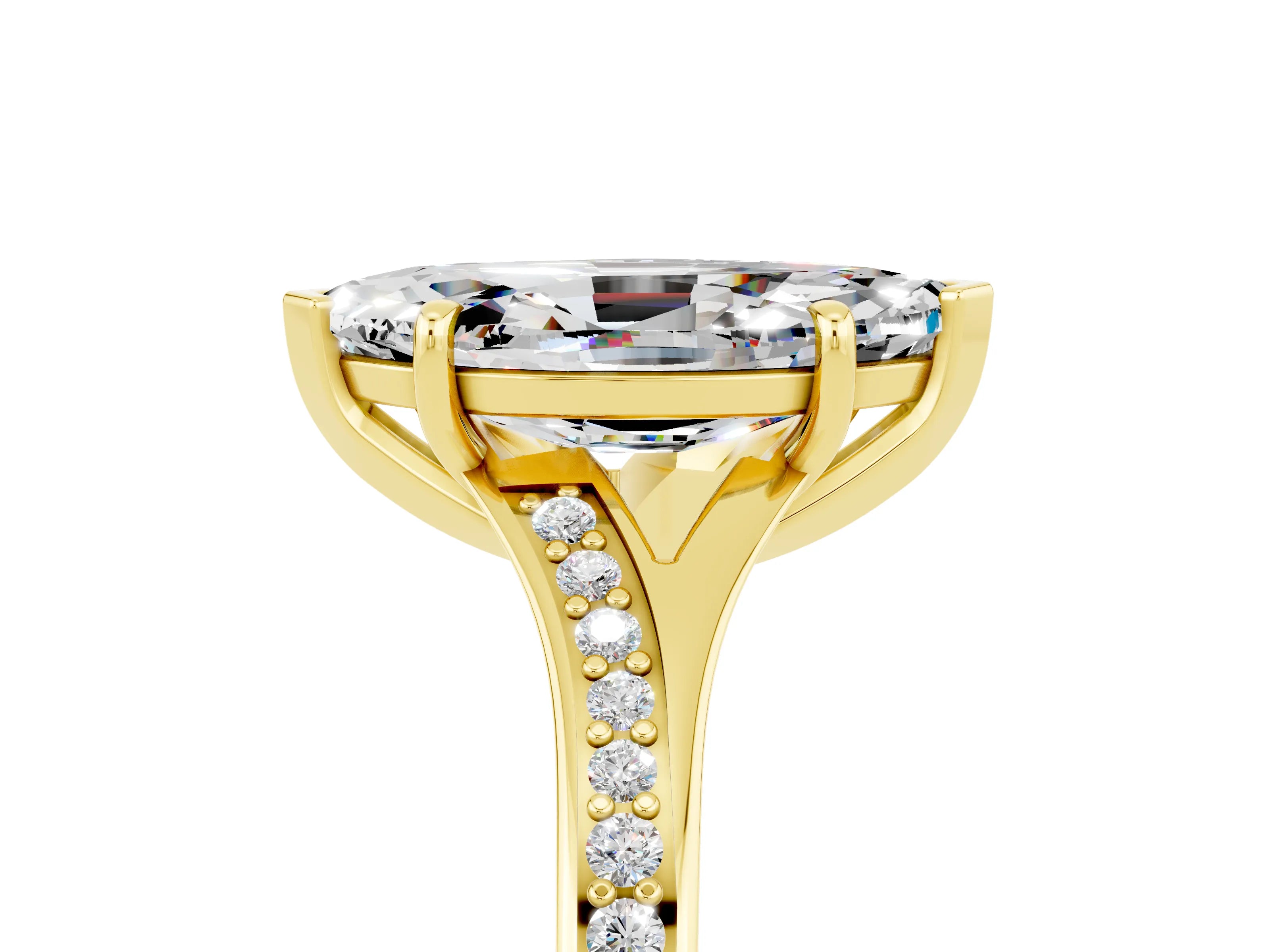 Yellow gold Marquise Cut Moissanite Solitaire Ring with Pavé Band and Prong Setting_17