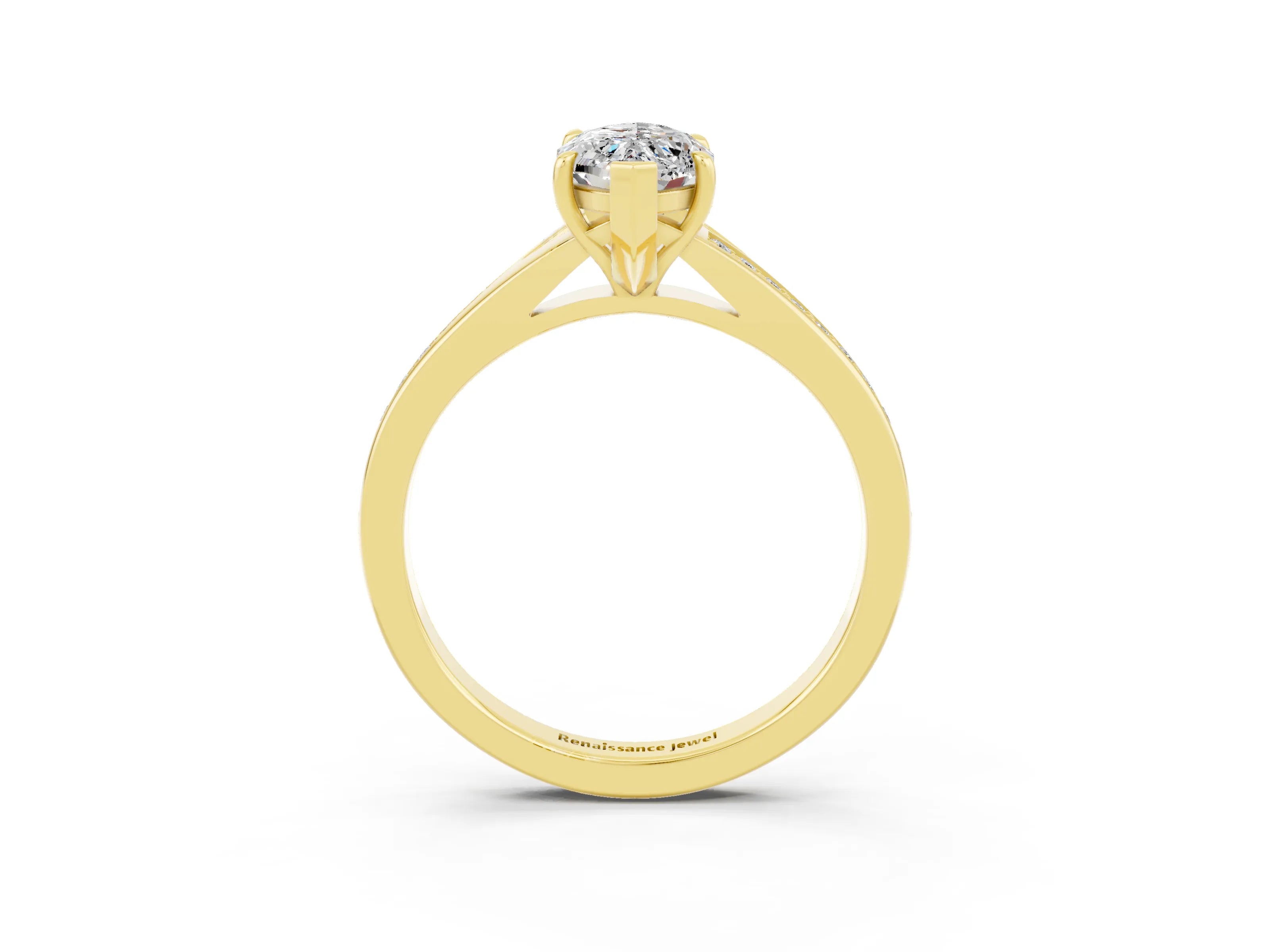 Yellow gold Marquise Cut Moissanite Solitaire Ring with Pavé Band and Prong Setting_3