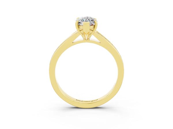 Yellow gold Marquise Cut Moissanite Solitaire Ring with Pavé Band and Prong Setting